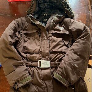 THE NORTH FACE women's Y2K Brown Belted Ski Jacket w/ Detachable Fur Lined Hood